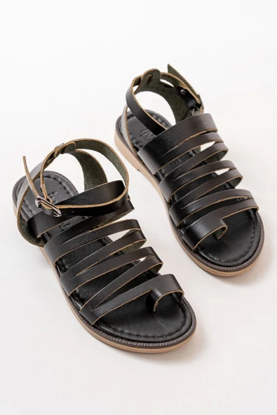 Siyah Ortopedik Hakiki Deri Kadın Sandalet - 5