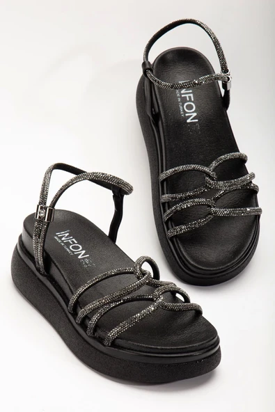 Siyah Dolgu Topuk Kadın Sandalet - 3