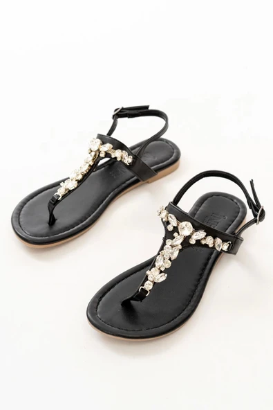 Siyah Gümüş Taşlı Parmak Arası Kadın Sandalet - 5