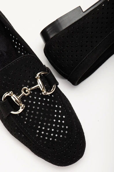 Siyah Süet Delikli Günlük Kadın Babet - 3