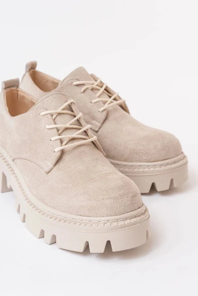 Bej Süet Bağcıklı Günlük Yüksek Tabanlı Loafer Ayakkabı - 4