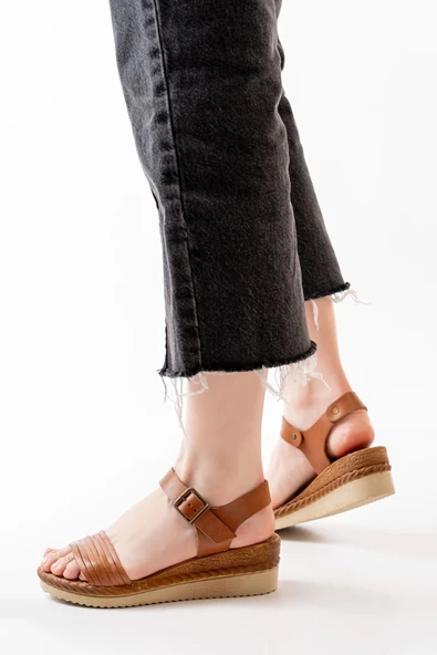 Taba Ortopedik Hakiki Deri Dolgu Kadın Sandalet - Resim 5