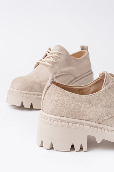 Bej Süet Bağcıklı Günlük Yüksek Tabanlı Loafer Ayakkabı - 5