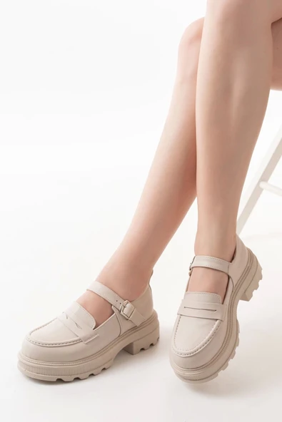 Bej Süet Kadın Günlük Yüksek Tabanlı Loafer Ayakkabı - 2