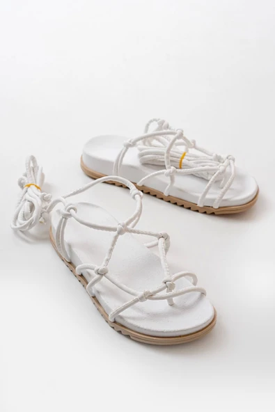 Beyaz Bilekten Bağcıklı Kadın Sandalet - 5