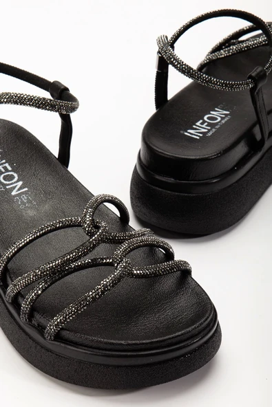 Siyah Dolgu Topuk Kadın Sandalet - 5