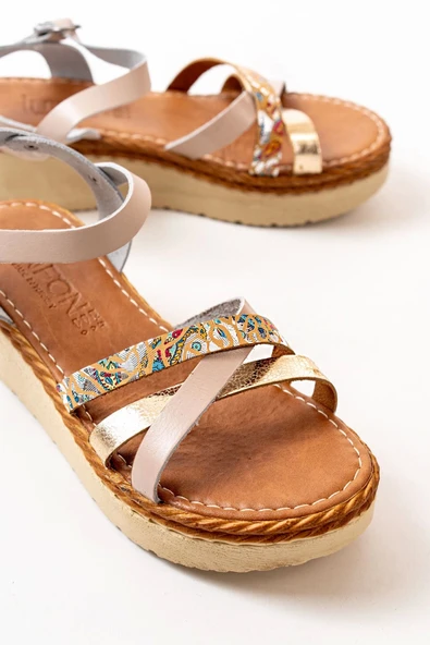 Bej Multi Ortopedik Hakiki Deri Dolgu Kadın Sandalet - Resim 4