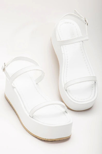 Beyaz Dolgu Topuk Kadın Sandalet - Resim 4