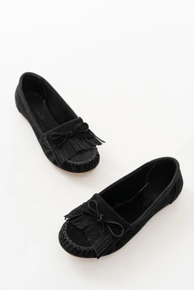 Siyah Süet Püsküllü Günlük Kadın Babet - 4