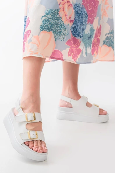 Beyaz Dolgu Topuk Kadın Sandalet - 4