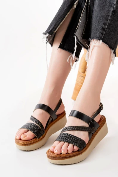 Siyah Ortopedik Hakiki Deri Dolgu Kadın Sandalet - Resim 5