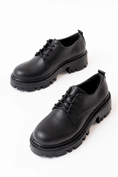 Siyah Bağcıklı Günlük Yüksek Tabanlı Loafer Ayakkabı - 4