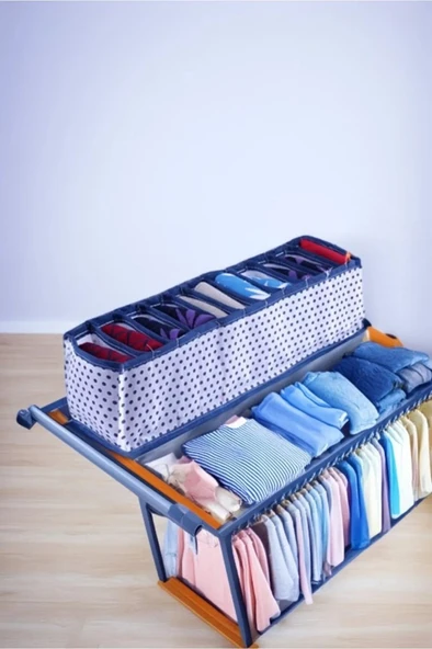 11 Bölmeli Puantiyeli Mavi Beyaz Çekmece ve Dolap İçi Akordiyon Organizer Small