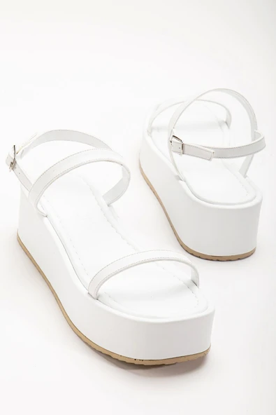 Beyaz Dolgu Topuk Kadın Sandalet - Resim 5