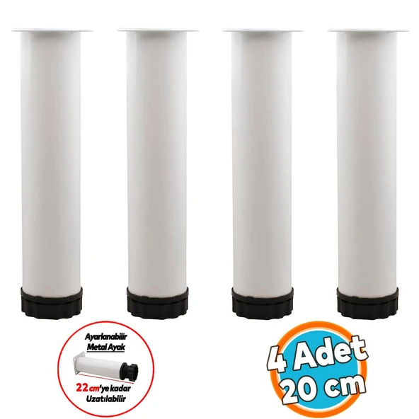 Mobilya Kanepe Baza Koltuk Metal Dolap Yükseltici Destek Ayağı Ayarlanabilir Beyaz Ayak 20 cm 4 Adet ürün görseli