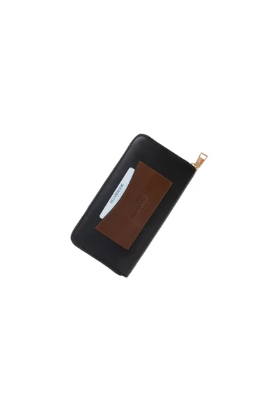 Amelia Hakiki Deri Siyah-Taba Kadın Fermuarlı El Işi Rfid Korumalı Büyük Cüzdan - Resim 4