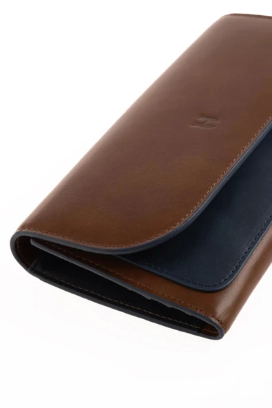 Charlotte Kadın Taba-Lacivert Deri Fermuarlı El İşi Rfid Korumalı Kapaklı Çıtçıtlı Büyük Cüzdan - 2