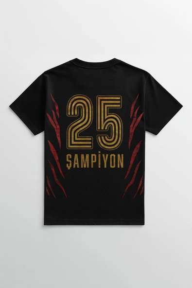 Aslan Ruhu Sarı Kırmızı 5 Yıldız Şampiyon Unisex Siyah Tişört Ön ve Sırt Baskılı Tasarım T-shirt - Resim 3