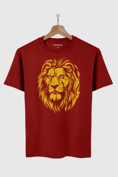 Aslan Kafası Sarı Kırmızı Yeleli Lion Head Aslan Baskılı Kırmızı Tişört Unisex T-shirt