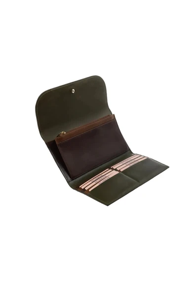 Charlotte Hakiki Deri Haki-Kahve Kadın Fermuarlı El Işi Rfid Korumalı Kapaklı Çıtçıtlı Büyük Cüzdan - Resim 2