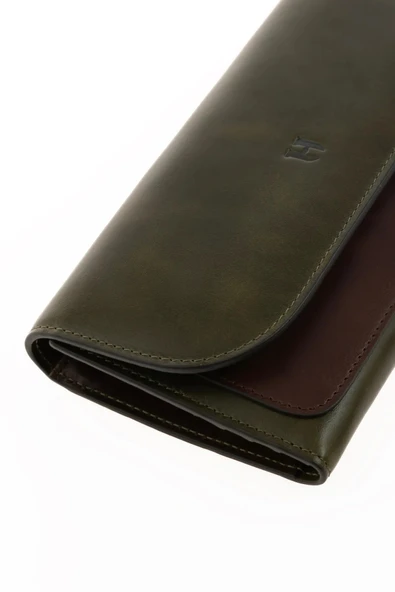 Charlotte Hakiki Deri Haki-Kahve Kadın Fermuarlı El Işi Rfid Korumalı Kapaklı Çıtçıtlı Büyük Cüzdan ürün görseli