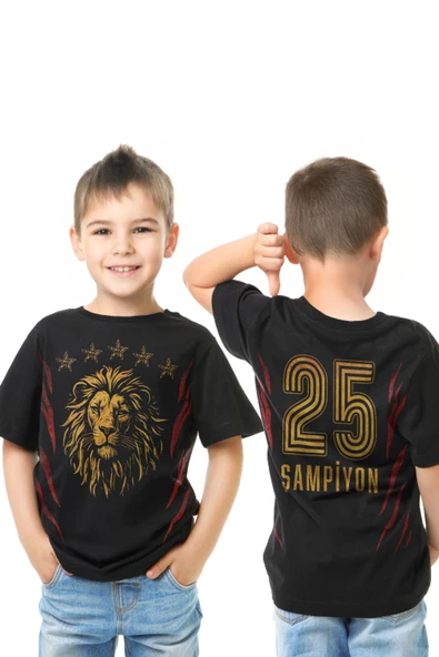 Siyah Renk Çocuk Tişört Aslan Ruhu Sarı Kırmızı 5 Yıldız Şampiyon Ön ve Sırt Baskılı Tasarım T-shirt