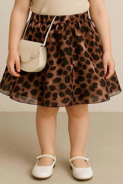 Kız Çocuk Bisiklet Yaka Kurdele Detaylı Bluz Beli Lastikli Leopar Desenli Etekli Takım - Resim 3