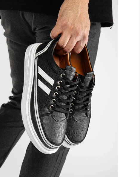 Erkek Siyah Cilt Günlük Rahat Dikişli Hafif Poli Taban Yürüyüş Garantili Spor Ayakkabı MATIAS-7108 - Resim 3