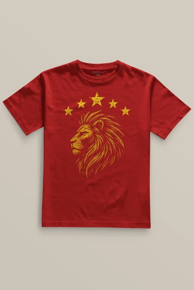 Aslan Sarı Kırmızı Şampiyon Beş Yıldız Baskılı T-shirt Unisex Kırmızı Tişört 5 Yıldız
