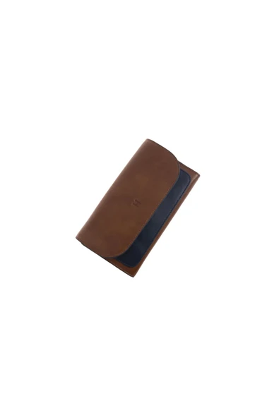 Charlotte Kadın Taba-Lacivert Deri Fermuarlı El İşi Rfid Korumalı Kapaklı Çıtçıtlı Büyük Cüzdan - 3