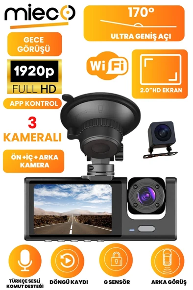 Mieco 1S Wifi / 1920P FHD / 170 Derece Ultra Geniş Açı / 3 Kameralı ve Ekranlı Araç Kamerası (2025)