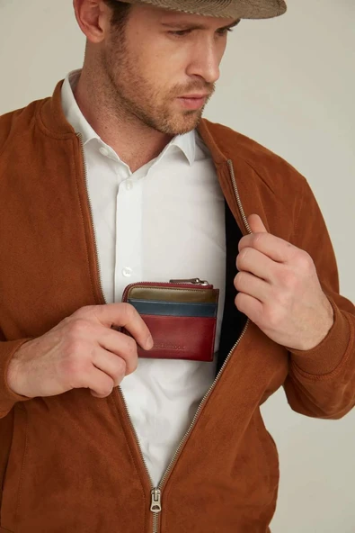 Seward Erkek Bordo Çok Renkli Deri Cep Tasarım Fermuar Kapamalı Rfid Korumalı Kartlık