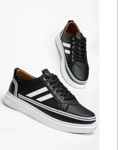 Erkek Siyah Cilt Günlük Rahat Dikişli Hafif Poli Taban Yürüyüş Garantili Spor Ayakkabı MATIAS-7108 - Resim 4