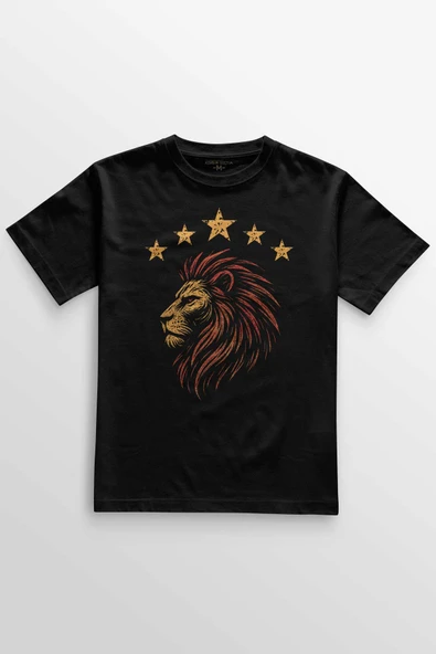 Unisex Siyah Tişört 5 Yıldız Aslan Sarı Kırmızı Şampiyon Beş Yıldız Baskılı T-shirt
