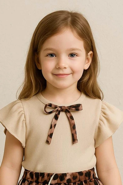 Kız Çocuk Bisiklet Yaka Kurdele Detaylı Bluz Beli Lastikli Leopar Desenli Etekli Takım - Resim 2