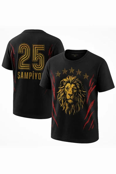 Aslan Ruhu Sarı Kırmızı 5 Yıldız Şampiyon Unisex Siyah Tişört Ön ve Sırt Baskılı Tasarım T-shirt