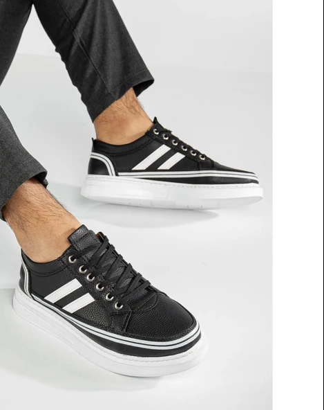 Erkek Siyah Cilt Günlük Rahat Dikişli Hafif Poli Taban Yürüyüş Garantili Spor Ayakkabı MATIAS-7108 - Resim 2