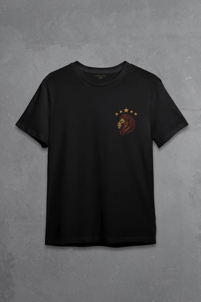 Minimal Baskılı T-shirt Şampiyon Beş Yıldız Aslan Sarı Kırmızı 5 Yıldız Unisex Siyah Tişört