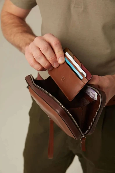 Carlye Hakiki Deri Taba-Haki Uniseks Ön Cepli Bileklikli Fermuarlı Rfid Korumalı Çanta - 3