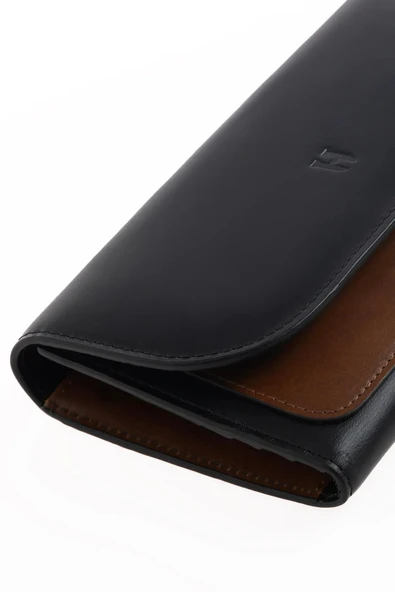 Charlotte Hakiki Deri Siyah-Taba Kadın Fermuarlı El Işi Rfid Korumalı Kapaklı Çıtçıtlı Büyük Cüzdan