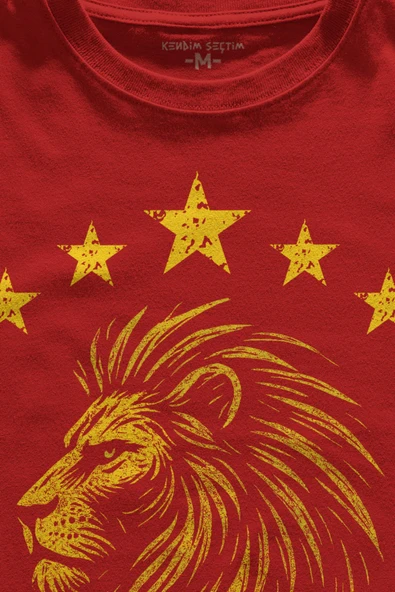 Aslan Sarı Kırmızı Şampiyon Beş Yıldız Baskılı T-shirt Unisex Kırmızı Tişört 5 Yıldız - 2