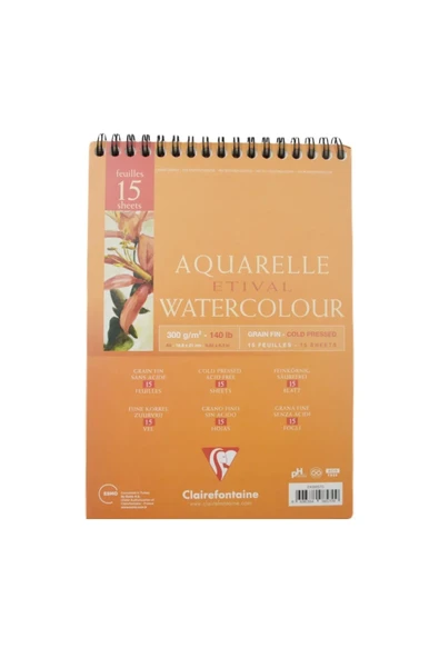 Clairefontaine Etival Cold Pressed Suluboya Blok A5 Üstten Spiralli 300gr 15 Yaprak - Turuncu / EK98570 ürün görseli