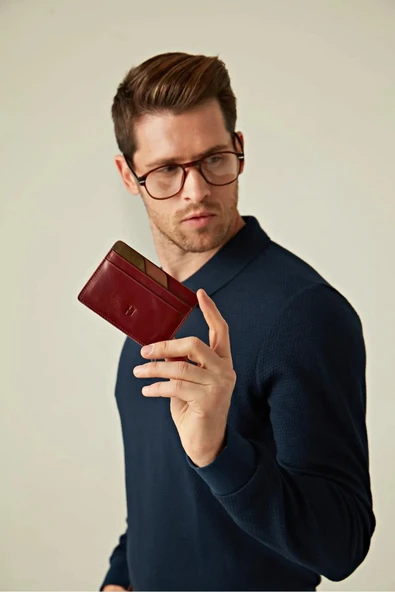 Elton Erkek Bordo(Plus Color)Deri İnce Tasarım Çok Bölmeli  Rfid Korumalı Kartlık
