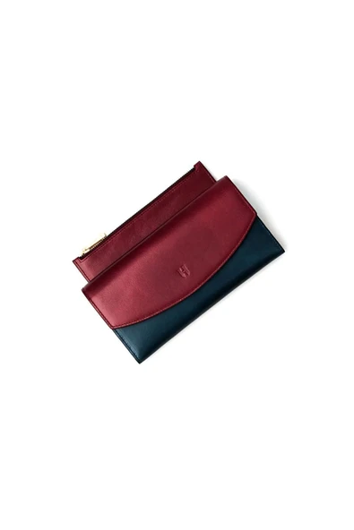 Ashley Kadın Bordo Lacivert Deri Fermuarlı Rfid Korumalı Cüzdan