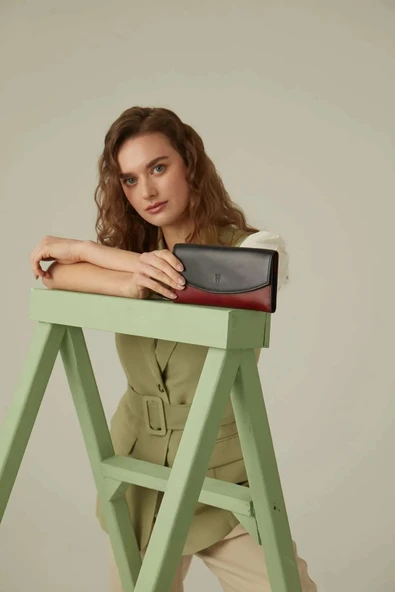 Ashley Kadın Siyah-Bordo Deri Fermuarlı Rfid Korumalı Cüzdan