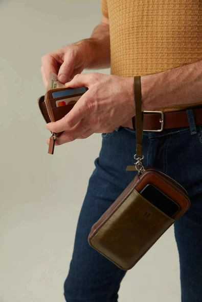 Carlye Hakiki Deri Haki Taba Uniseks Ön Cepli Bileklikli Fermuarlı Rfid Korumalı Çanta - 5