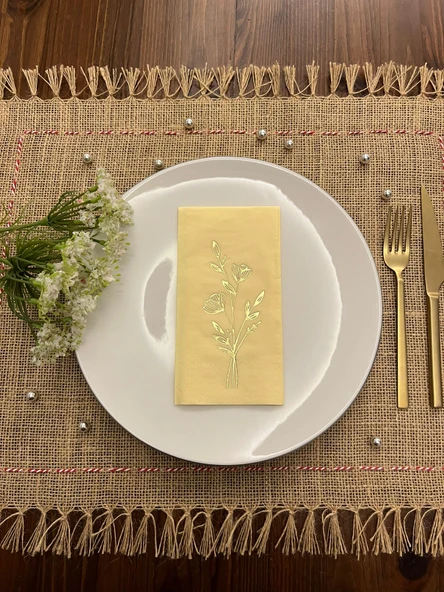 Gold Yaldızlı Sarı Gelincik Çiçeği Baskılı Garson Katlama Peçete 16 Adet ürün görseli 1