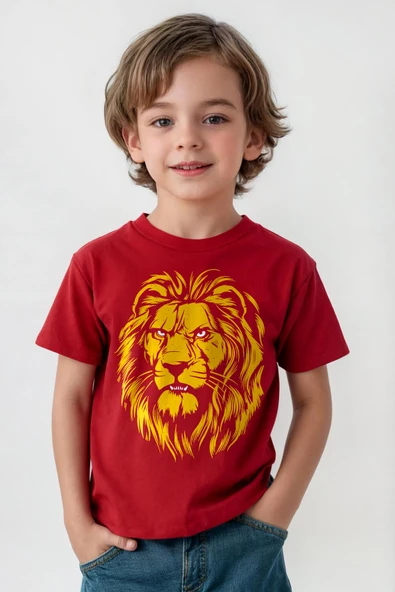 Kırmızı Çocuk Tişört Aslan Kafası Sarı Kırmızı Yeleli Lion Head Aslan Baskılı T-shirt