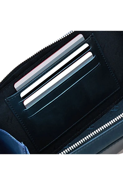 Carlye Hakiki Deri Lacivert Uniseks Ön Cepli Bileklikli Fermuarlı Rfid Korumalı Çanta - 3