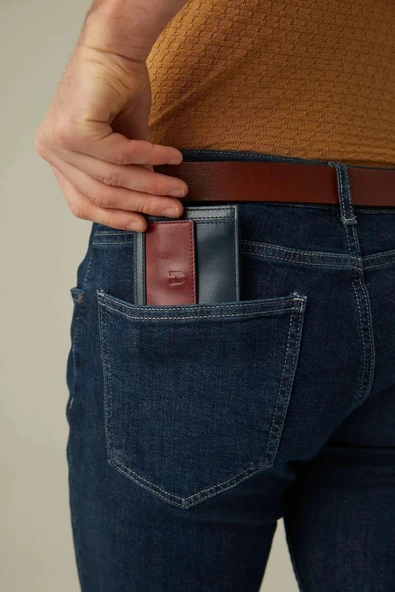 Rigby Hakiki Deri Lacivert- Bordo Erkek Cep Tasarım Çok Bölmeli Rfid Korumalı Cüzdan - 5